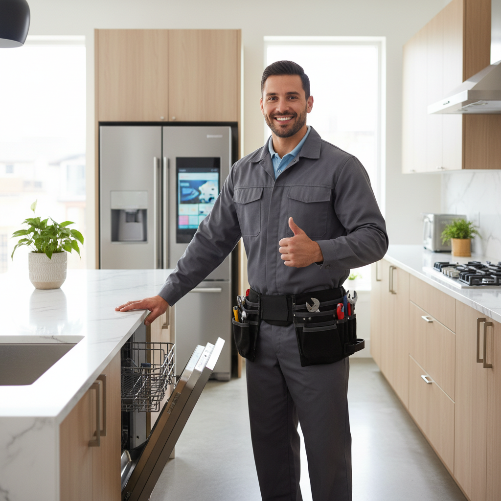 Smiling appliance repair technician standing in a modern bright kitchen