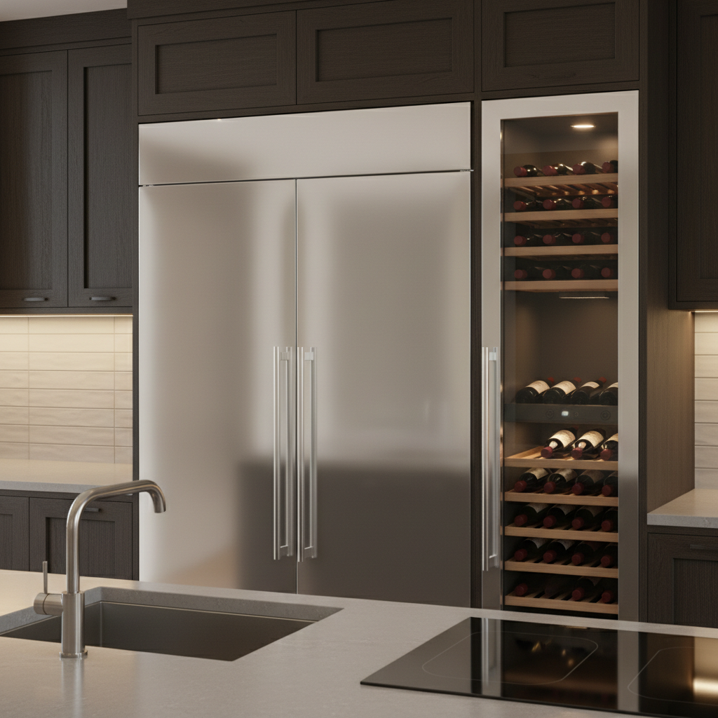Modern high-end kitchen close-up with built-in refrigerator and wine cooler