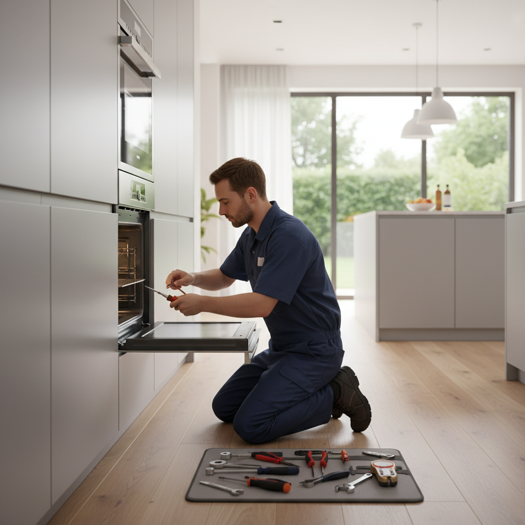 Appliance repair technician repairing a built-in oven in a modern kitchen
